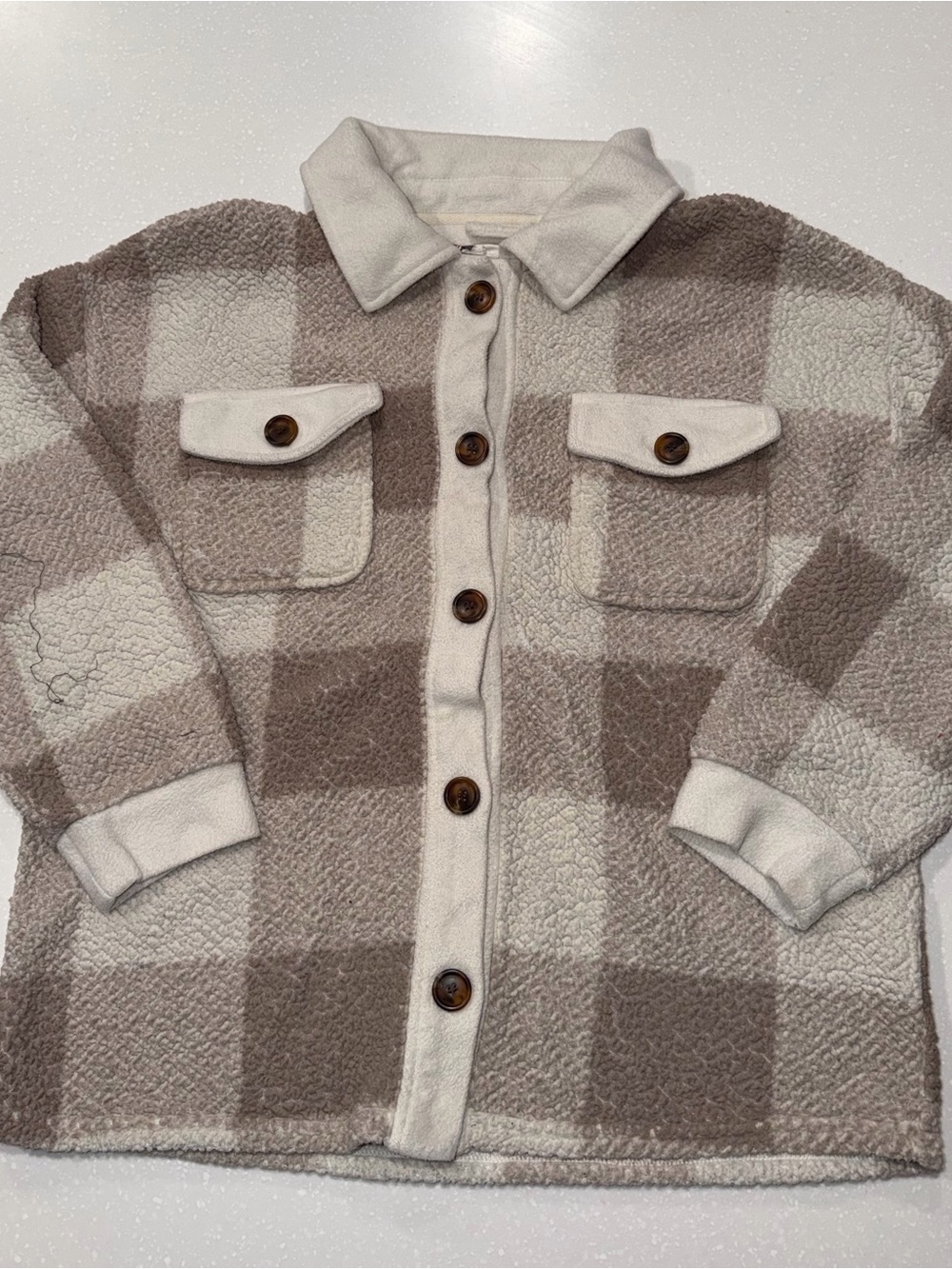Pink Rose Kids Plaid Sherpa Shacket - Cream & Taupe